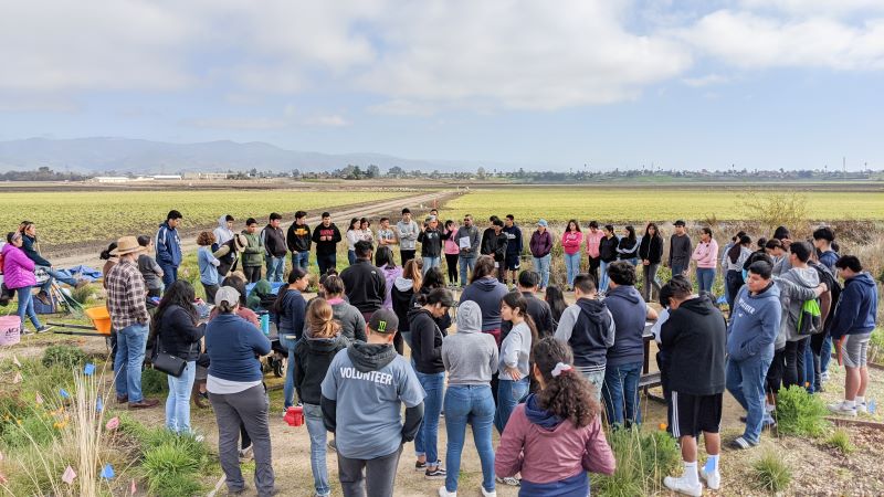 Group of kids gathering to replant a field with native seeds.